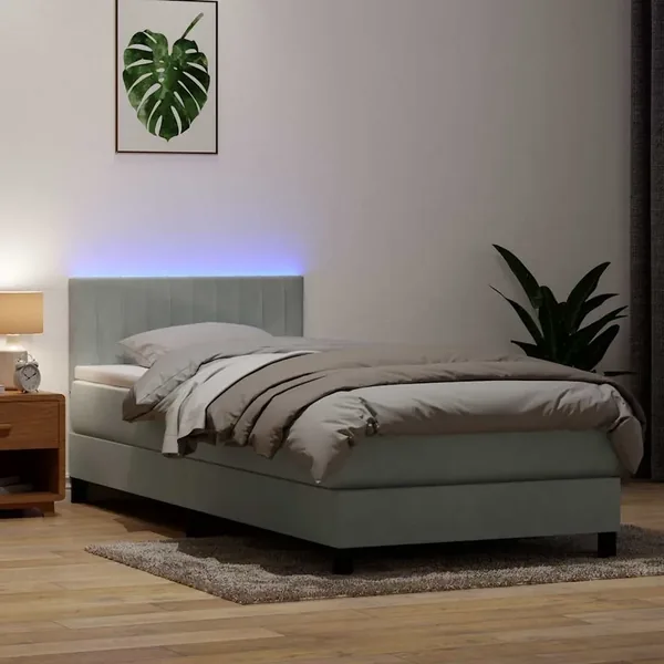 Sommier à lattes de lit et matelas et LED gris clair 100x220cm velours
