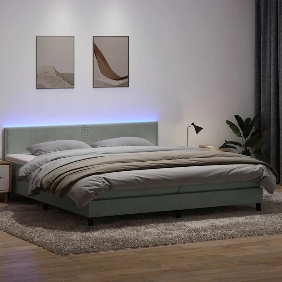 Sommier à lattes de lit et matelas et LED gris clair 200x210cm velours