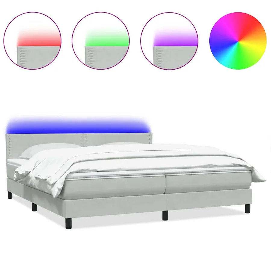 Sommier à lattes de lit et matelas et LED gris clair 200x210cm velours - 2