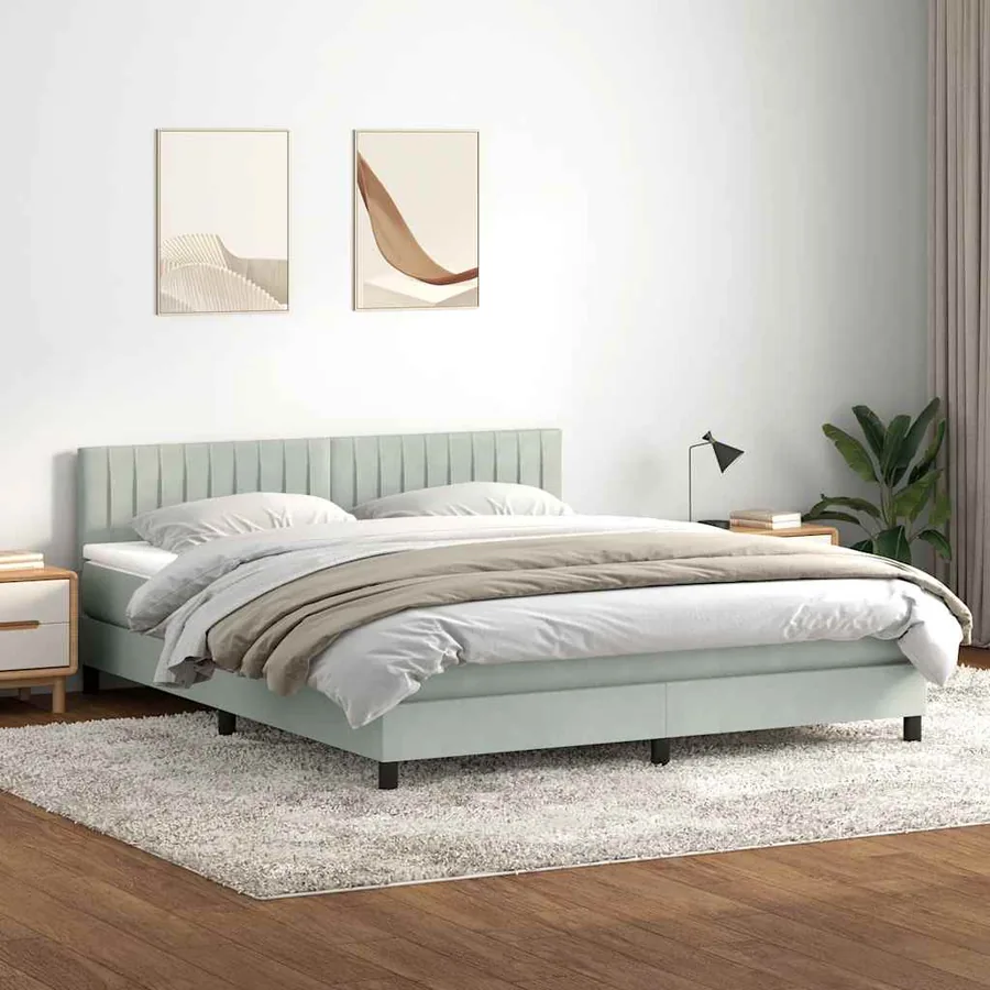 Sommier à lattes de lit et matelas et LED gris clair 180x210cm velours