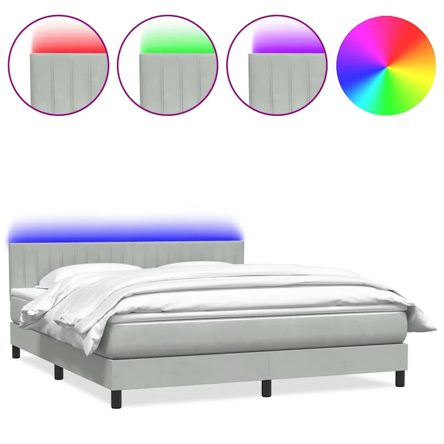 Sommier à lattes de lit et matelas et LED gris clair 180x210cm velours - 2