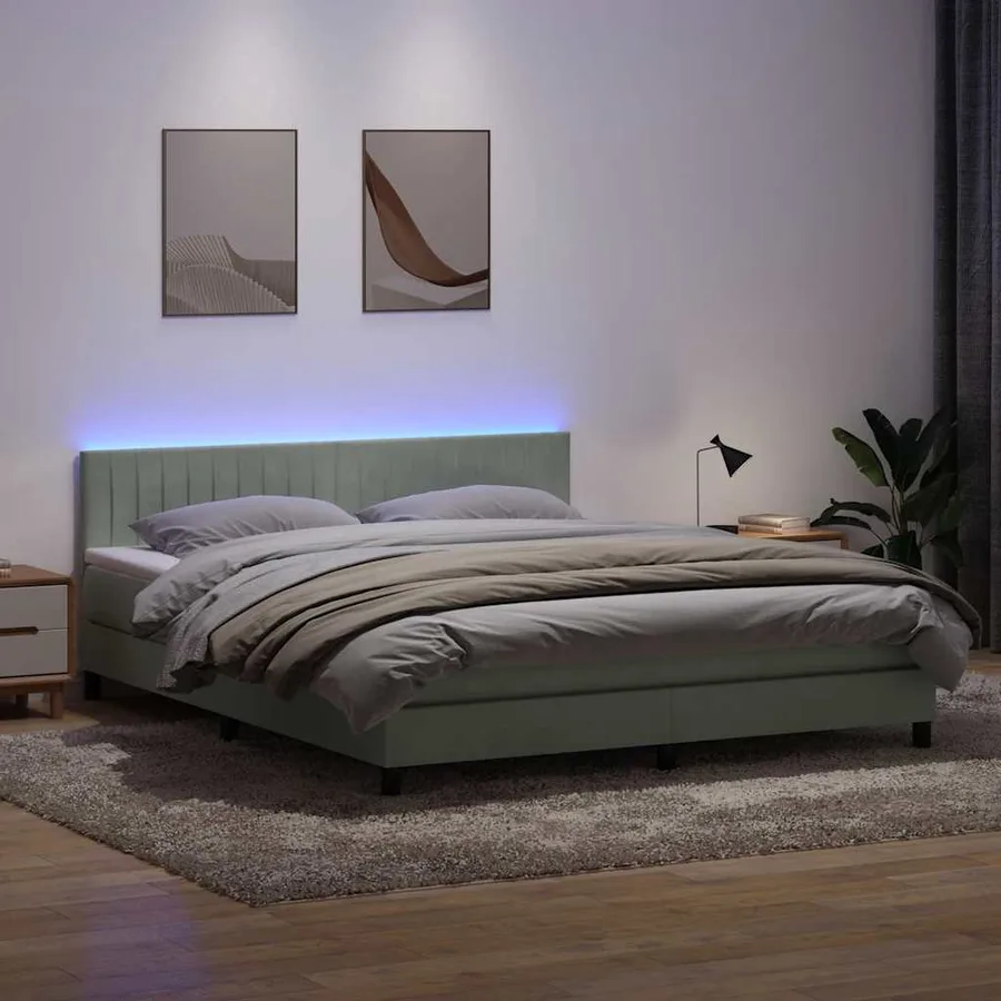 Sommier à lattes de lit et matelas et LED gris clair 180x210cm velours - 4