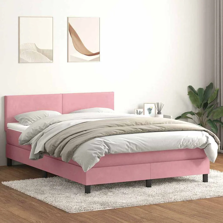 Sommier à lattes de lit avec matelas et LED rose 140x210 cm velours