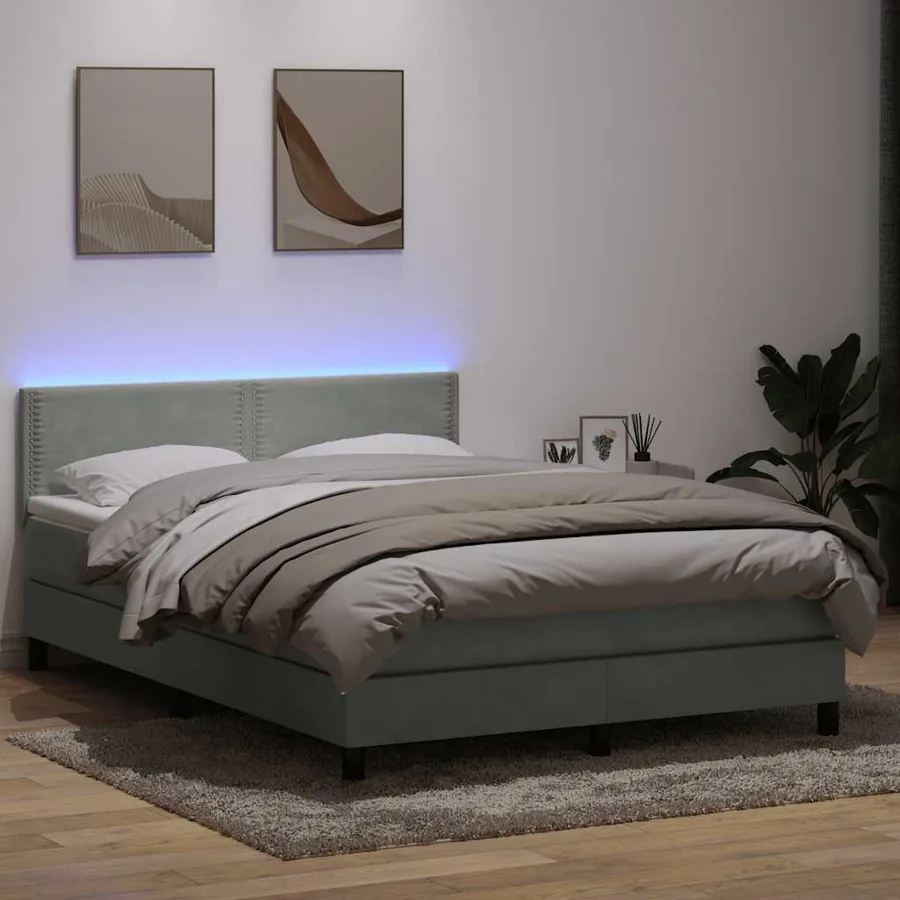 Sommier à lattes de lit et matelas et LED gris clair 140x210cm velours