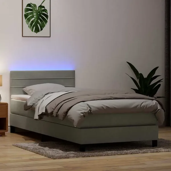 Sommier à lattes de lit et matelas et LED gris clair 100x210cm velours