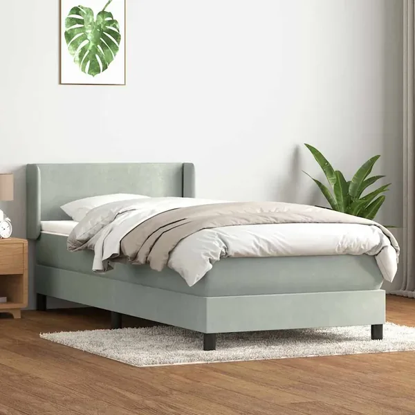 Sommier à lattes de lit et matelas gris clair 100x210cm velours