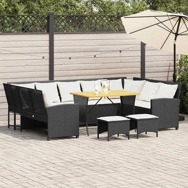 Salon de jardin 4 pcs avec coussins noir résine tressée