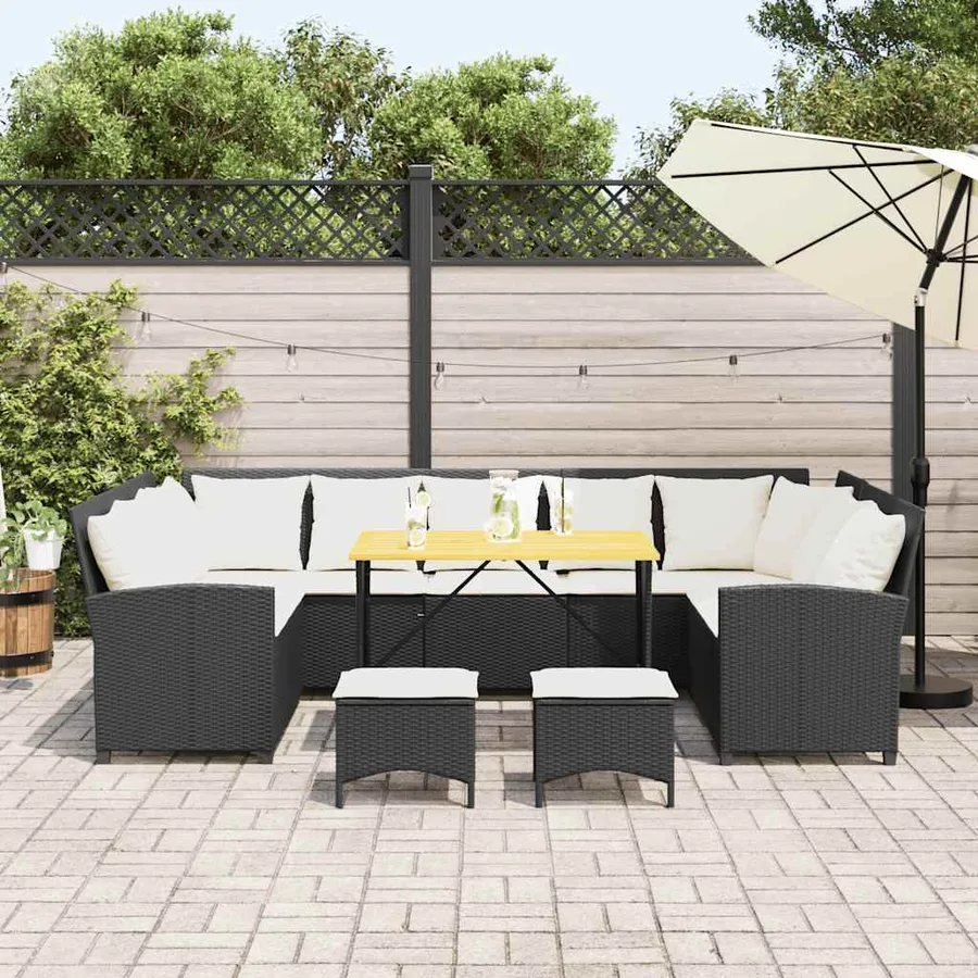 Salon de jardin 4 pcs avec coussins noir résine tressée - 3
