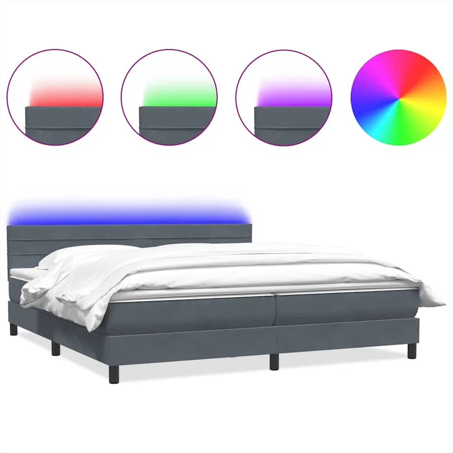 Sommier à lattes de lit et matelas et LED gris foncé 180x210cm velours - 2