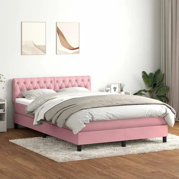 Sommier à lattes de lit avec matelas et LED rose 160x210 cm velours