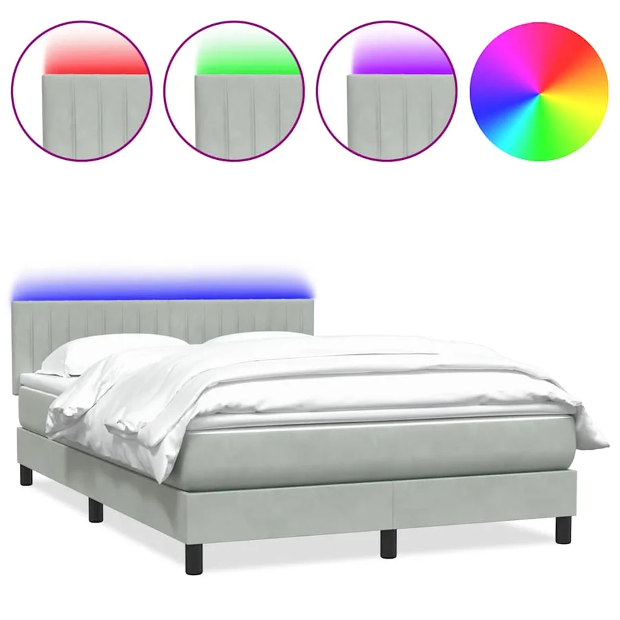 Sommier à lattes de lit et matelas et LED gris clair 160x210cm velours - 2