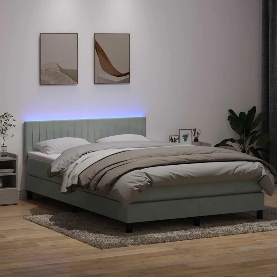 Sommier à lattes de lit et matelas et LED gris clair 160x210cm velours - 4