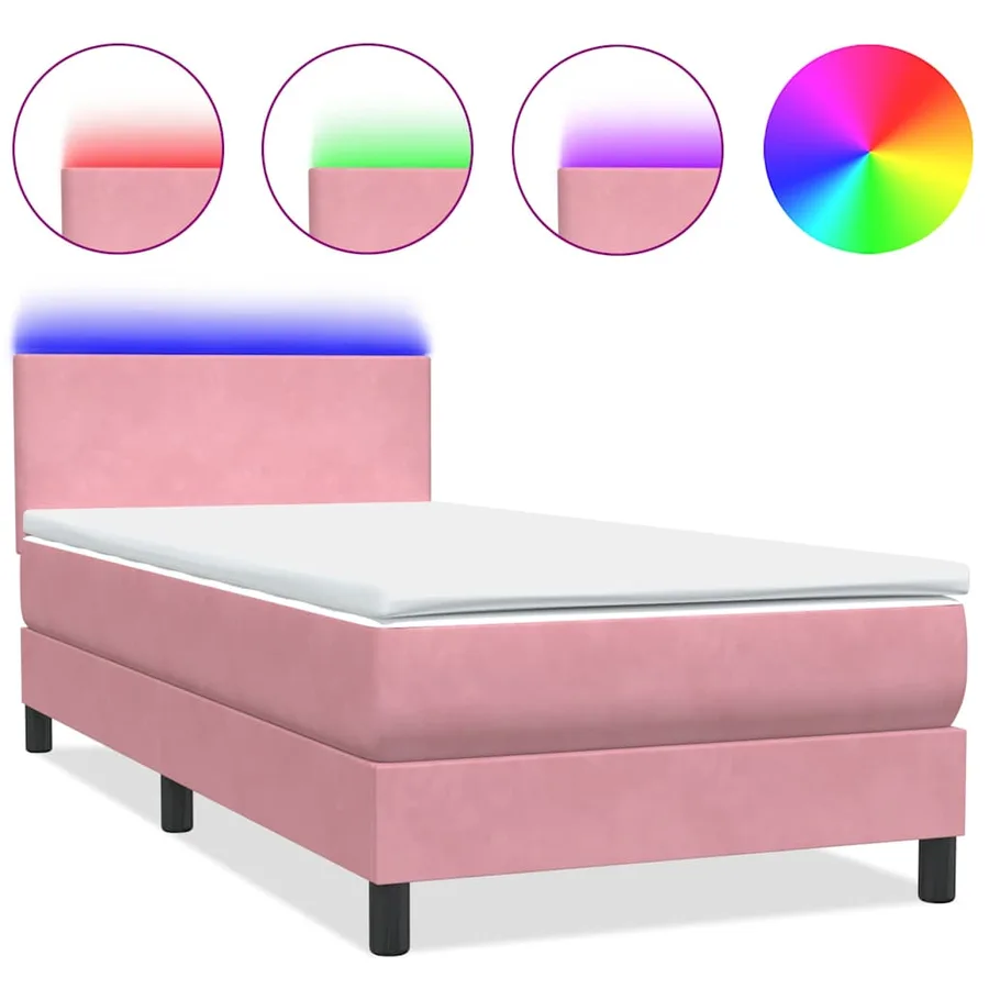 Sommier à lattes de lit avec matelas et LED rose 80x220 cm velours - 2