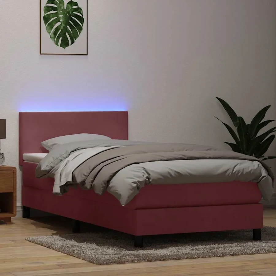 Sommier à lattes de lit avec matelas et LED rose 80x220 cm velours - 4