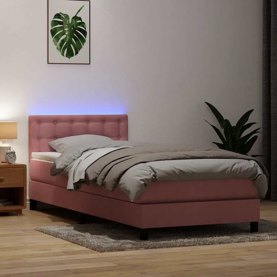 Sommier à lattes de lit avec matelas et LED rose 90x210 cm velours