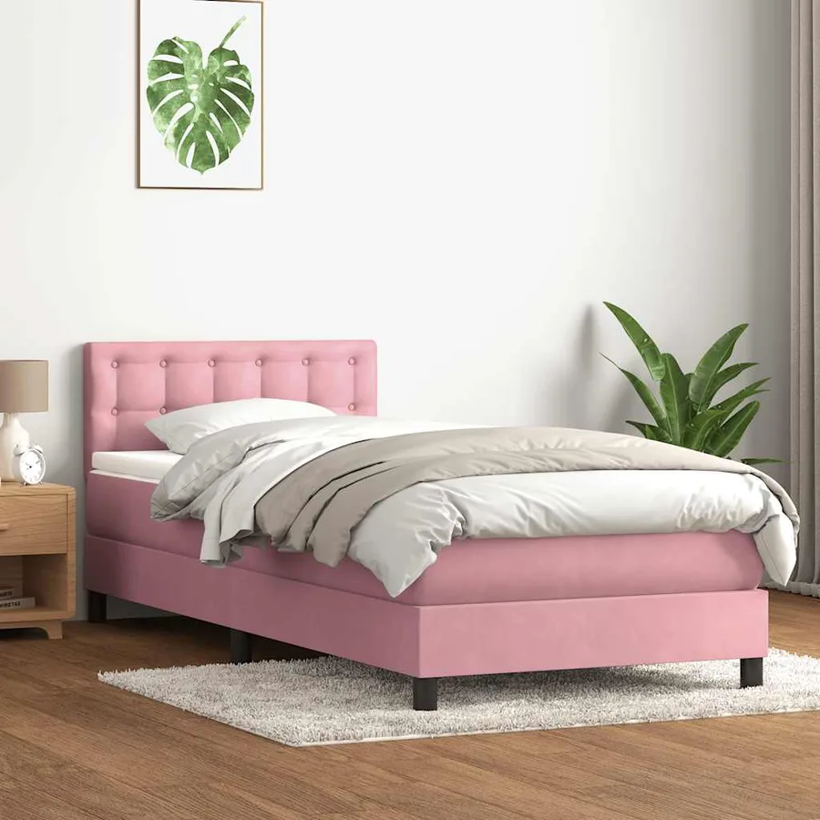 Sommier à lattes de lit avec matelas et LED rose 80x210 cm velours - 4