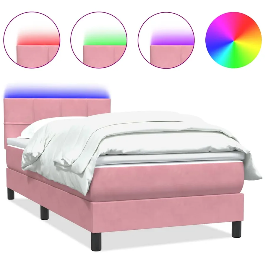 Sommier à lattes de lit avec matelas et LED rose 80x210 cm velours - 2