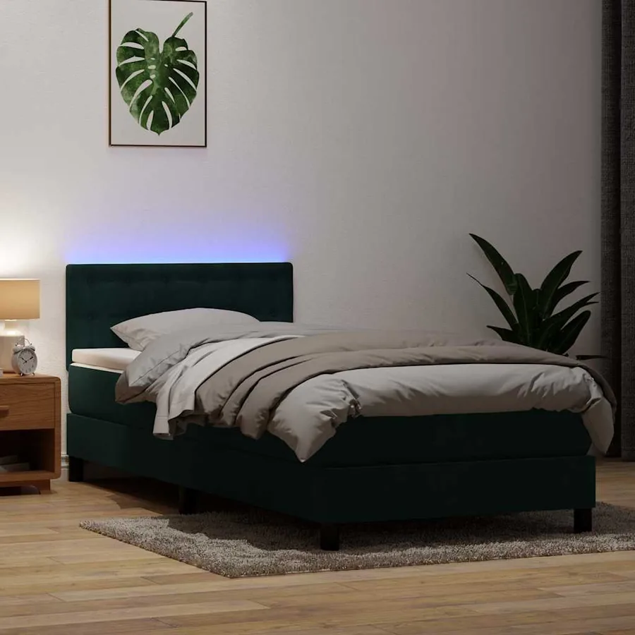 Sommier à lattes de lit et matelas et LED vert foncé 80x220 cm velours