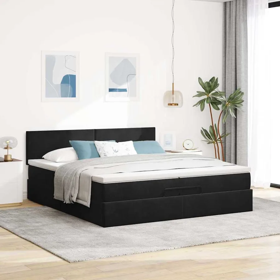Cadre de lit ottoman avec matelas noir 200x200cm velours - 4