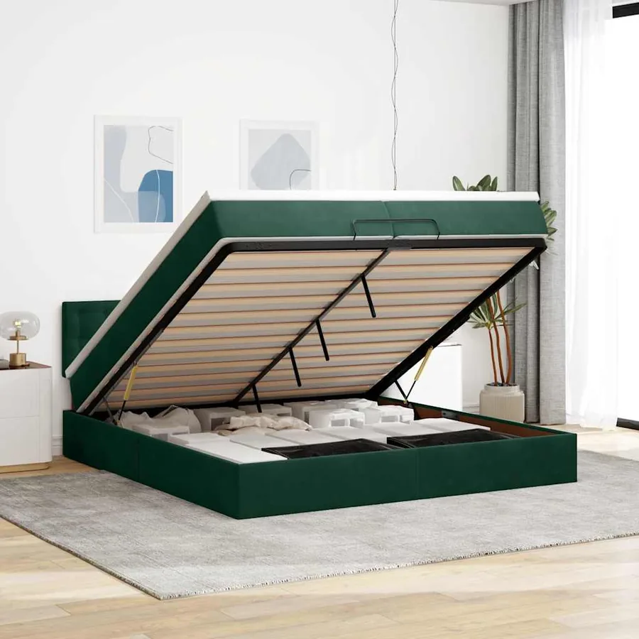 Cadre de lit ottoman avec matelas vert foncé 200x200 cm velours