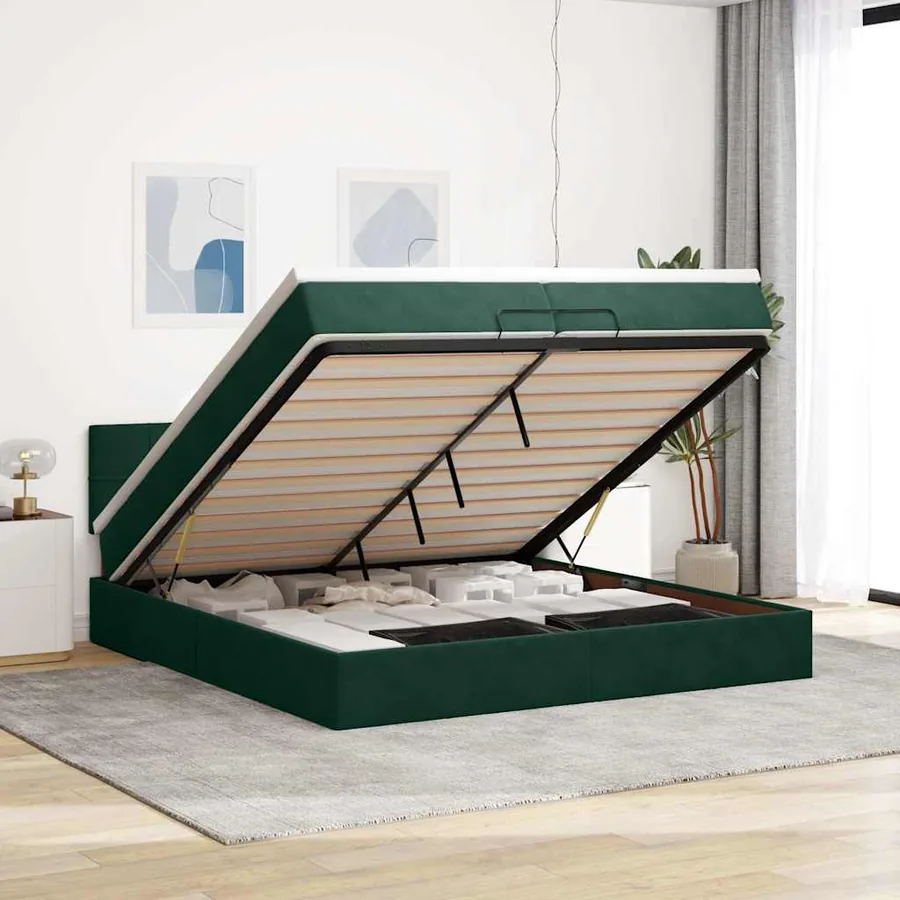 Cadre de lit ottoman avec matelas vert foncé 200x200 cm velours