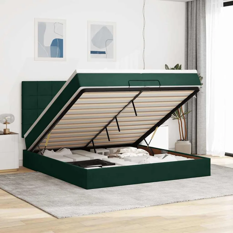 Cadre de lit ottoman avec matelas vert foncé 200x200 cm velours