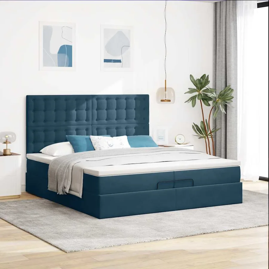 Cadre de lit ottoman avec matelas bleu foncé 200x200 cm velours - 3