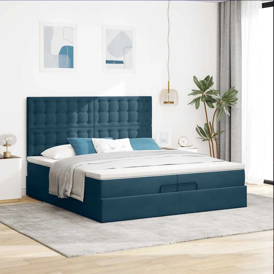 Cadre de lit ottoman avec matelas bleu foncé 200x200 cm velours - 4