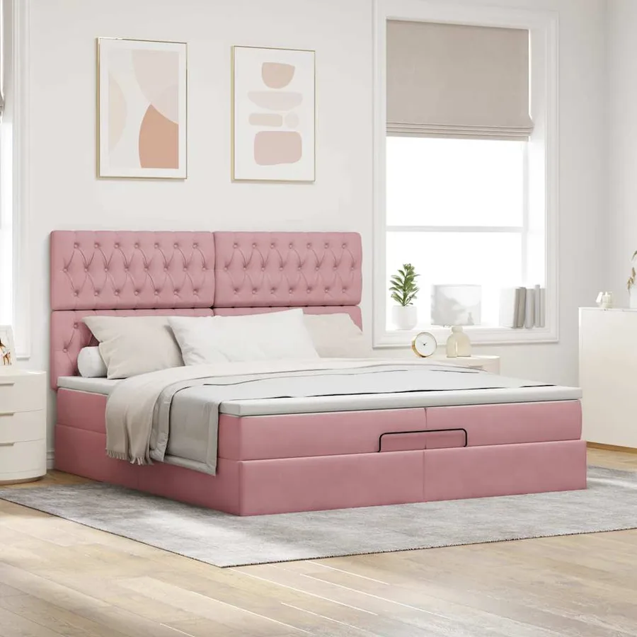 Cadre de lit ottoman avec matelas rose 200x200 cm velours - 4