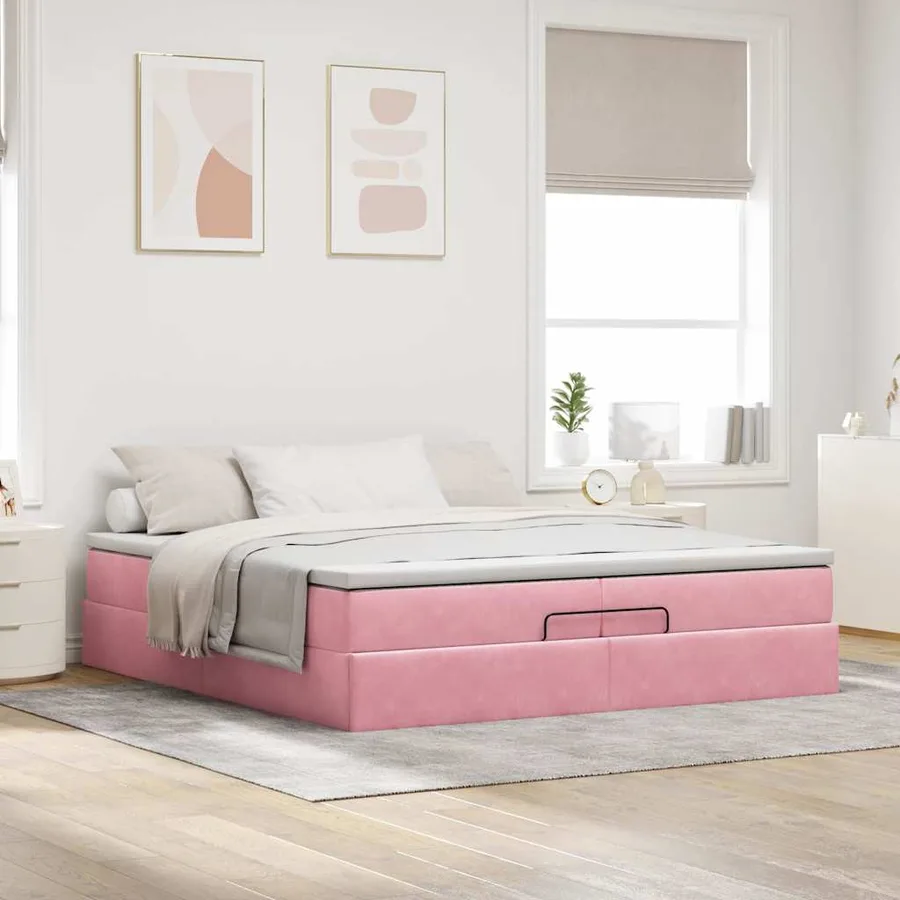 Cadre de lit ottoman avec matelas rose 200x200 cm velours - 3