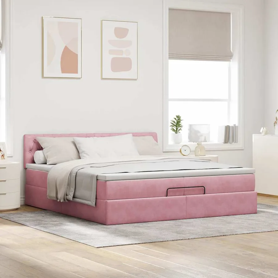 Cadre de lit ottoman avec matelas rose 200x200 cm velours - 4