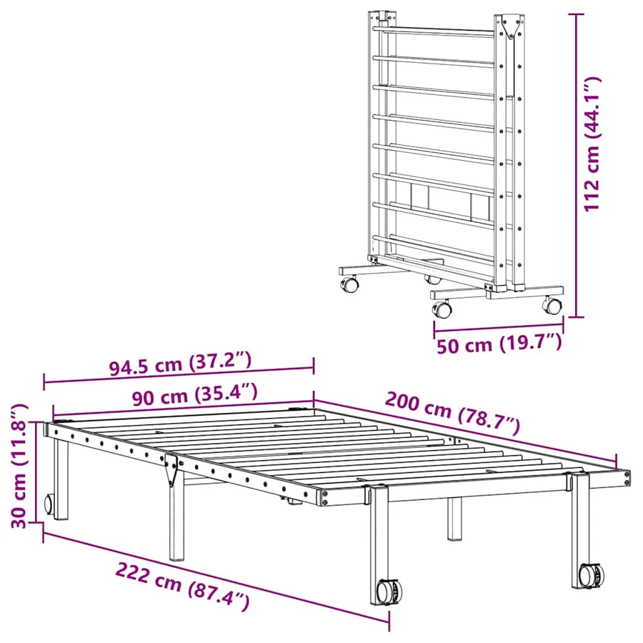 Cadre de lit sans matelas pliable noir 90x200 cm acier - 12