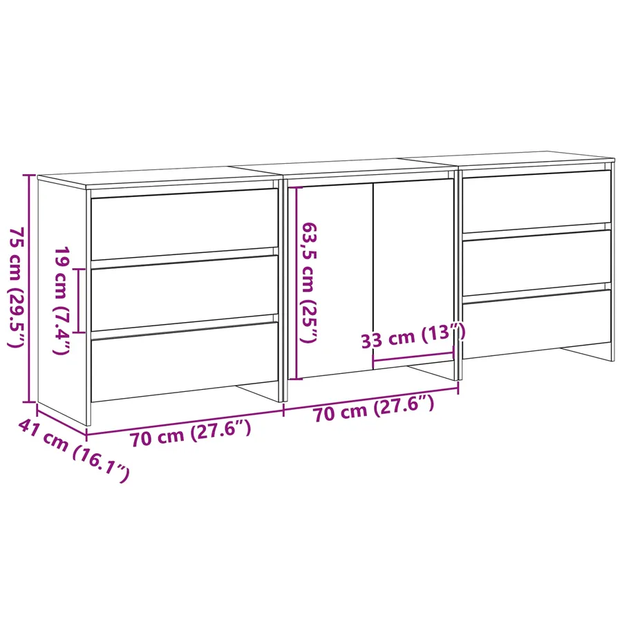 Buffet avec tiroir 3 pcs Noir 70 x 41 x 75 cm Bois d'ingénierie - 8