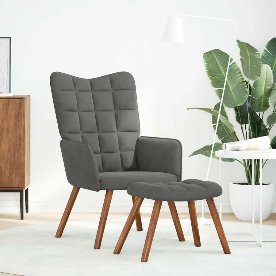 Fauteuil relax avec tabouret en velours gris foncé - 2