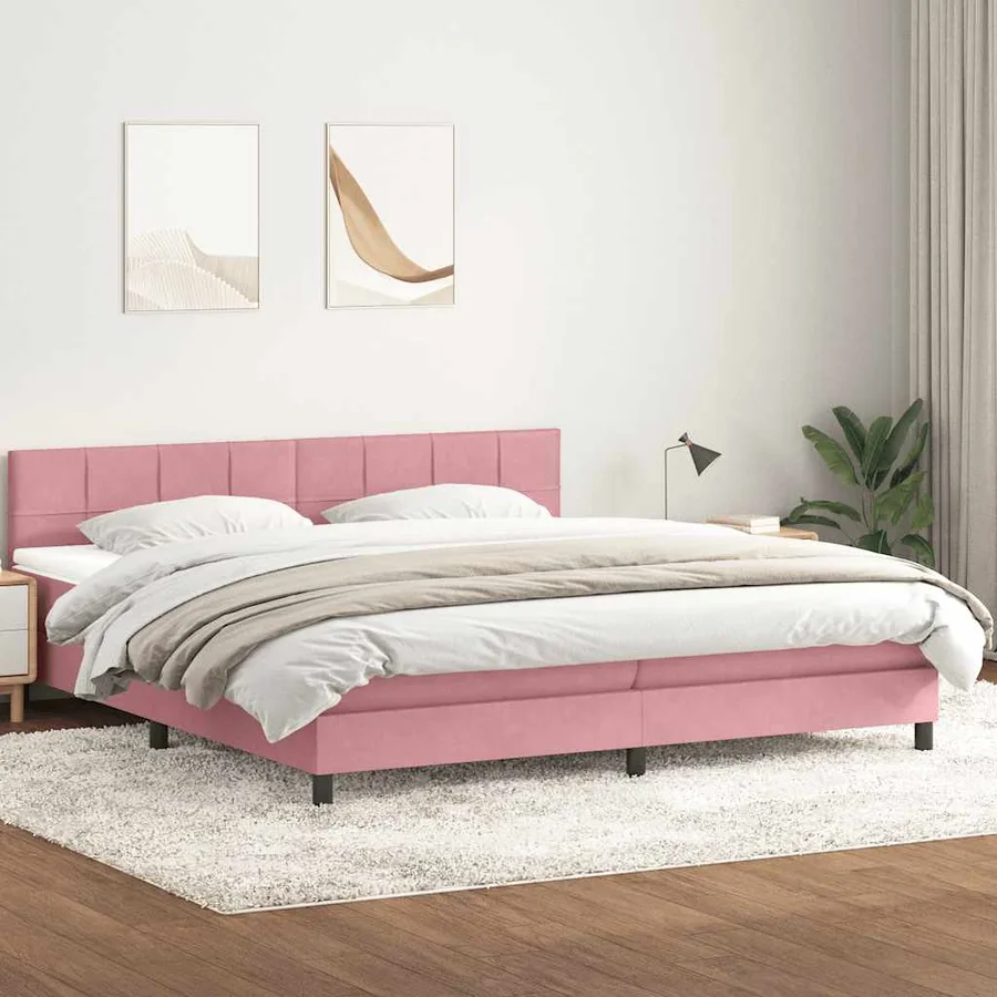 Sommier à lattes de lit avec matelas et LED rose 180x220 cm velours - 4
