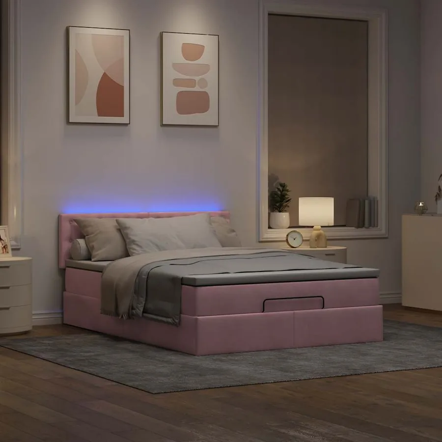 Cadre de lit ottoman avec matelas rose 140x200 cm velours - 3