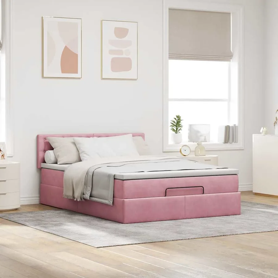 Cadre de lit ottoman avec matelas rose 140x200 cm velours - 4
