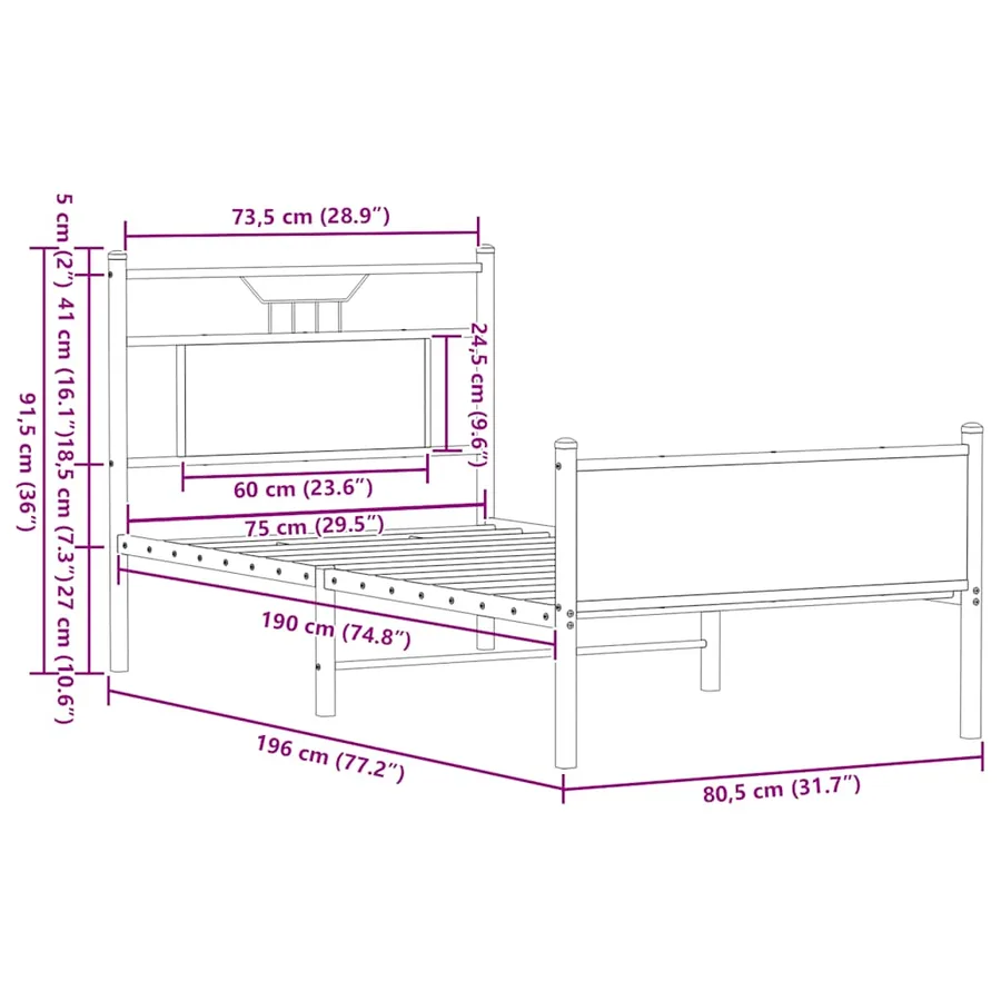 Cadre de lit sans matelas chêne fumé 75x190cm bois d'ingénierie - 11