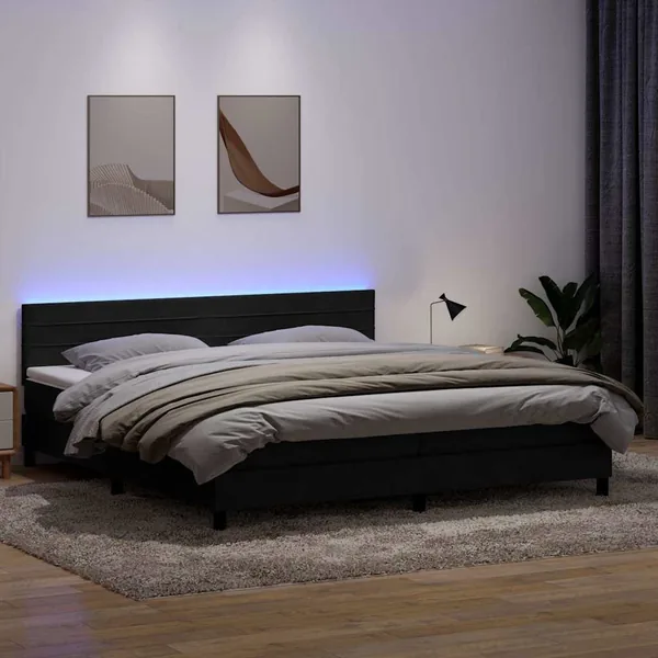 Sommier à lattes de lit avec matelas et LED noir 180x220 cm velours