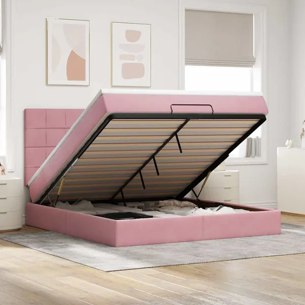 Cadre de lit ottoman avec matelas rose 160x200 cm velours