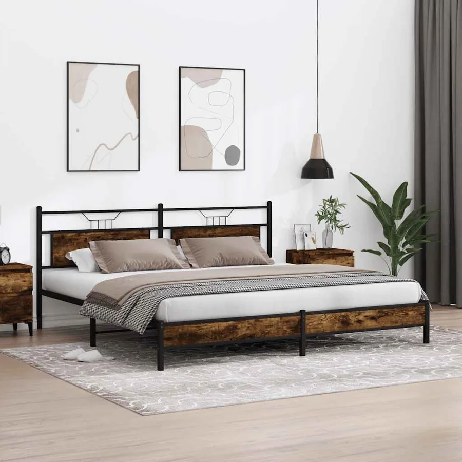 Cadre de lit en métal sans matelas chêne fumé 193x201 cm - 4