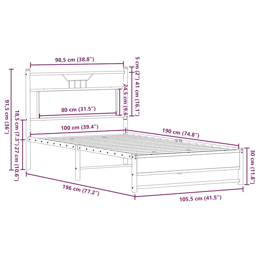 Cadre de lit sans matelas chêne sonoma 100x190 cm - 11