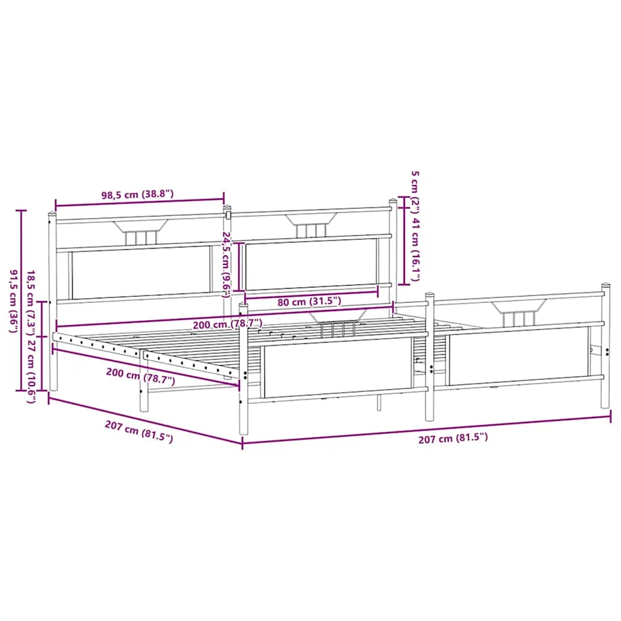 Cadre de lit en métal sans matelas chêne fumé 200x200 cm - 11