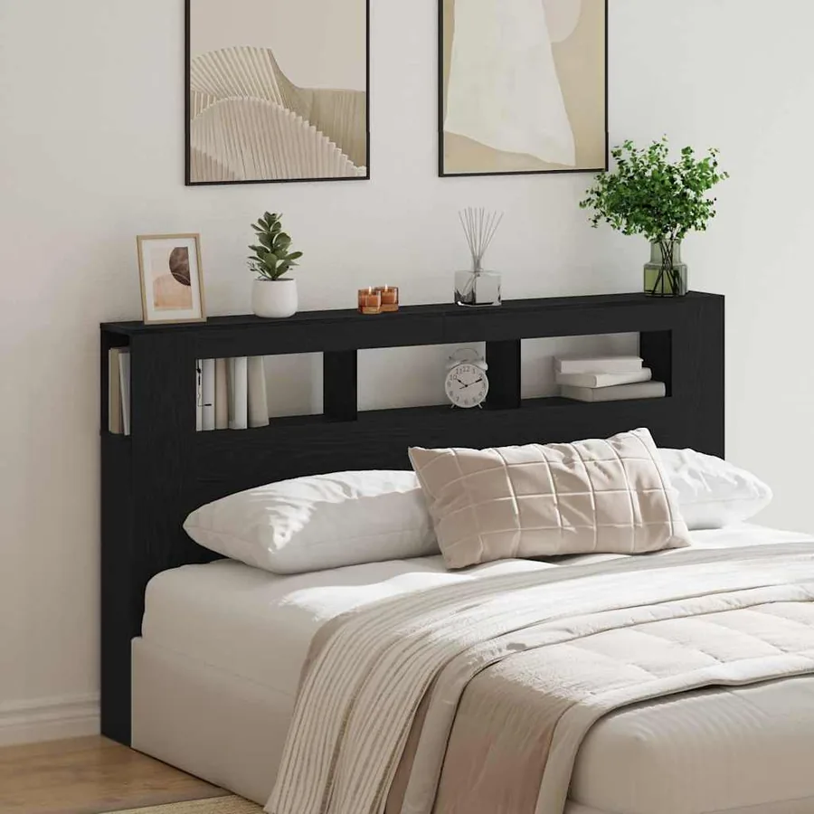 Tête de lit LED avec étagère Chêne noir 180 x 18,5 x 103,5 cm