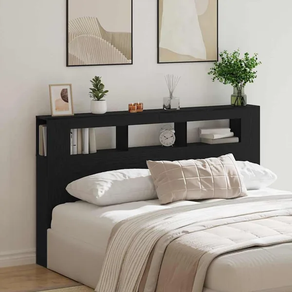 Tête de lit LED avec étagère Chêne noir 180 x 18,5 x 103,5 cm
