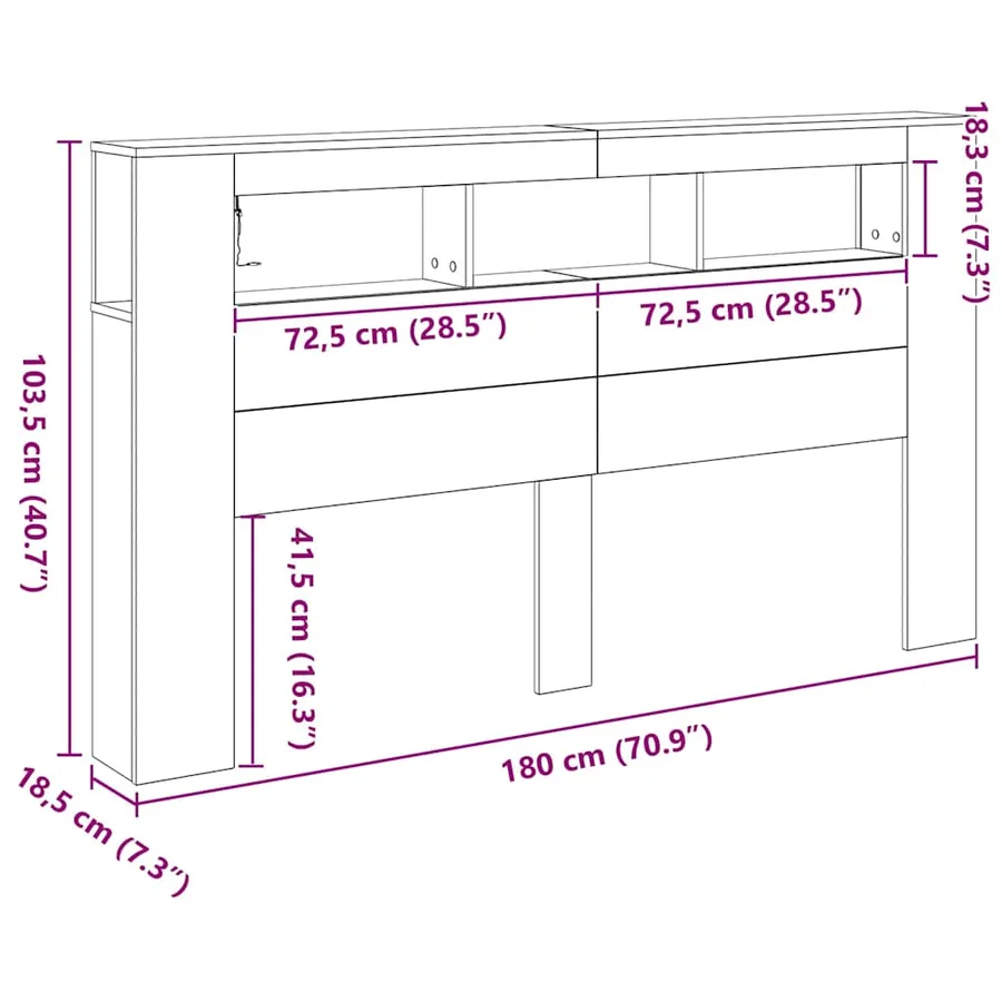 Tête de lit LED avec étagère Chêne noir 180 x 18,5 x 103,5 cm - 13
