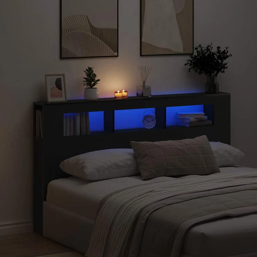 Tête de lit LED avec étagère Chêne noir 180 x 18,5 x 103,5 cm - 4