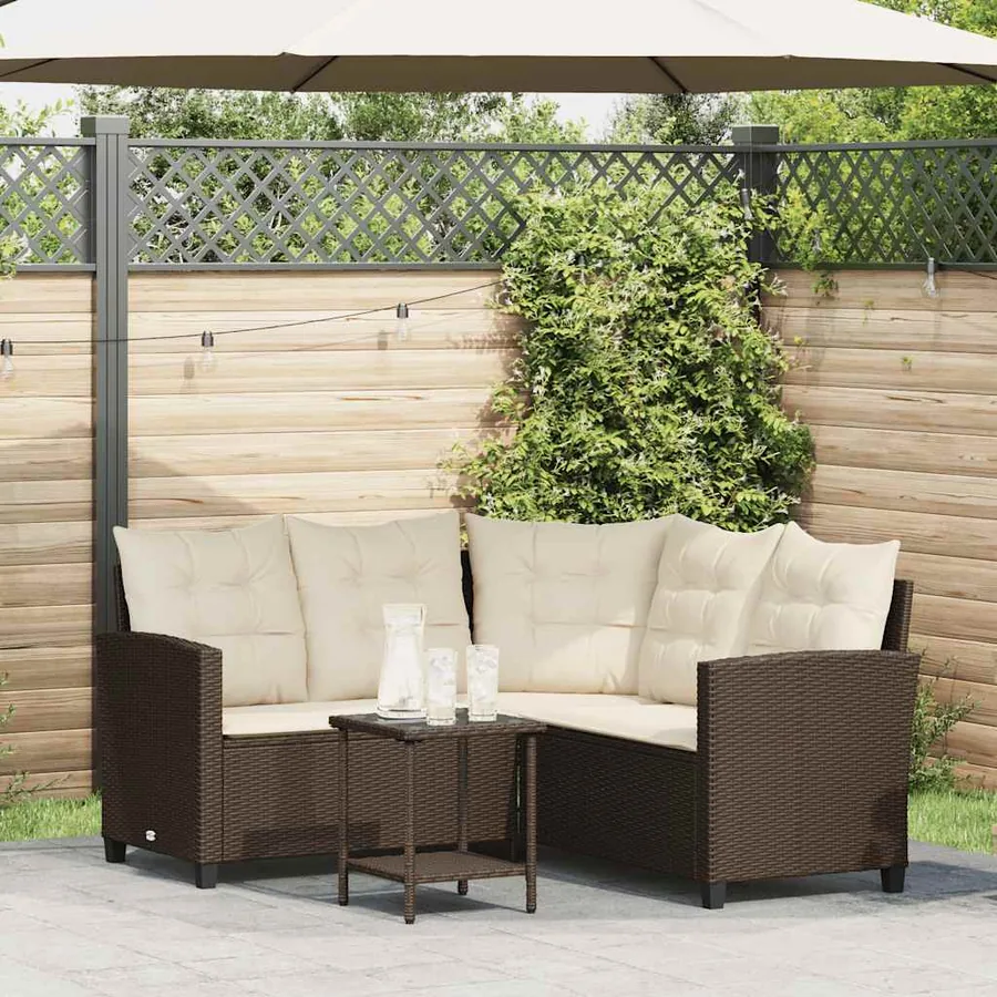 Canapé de jardin en L avec table et coussins marron résine tressée