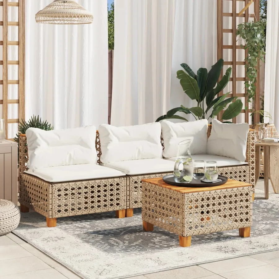 Canapé d'angle de jardin avec coussins beige résine tressée - 3
