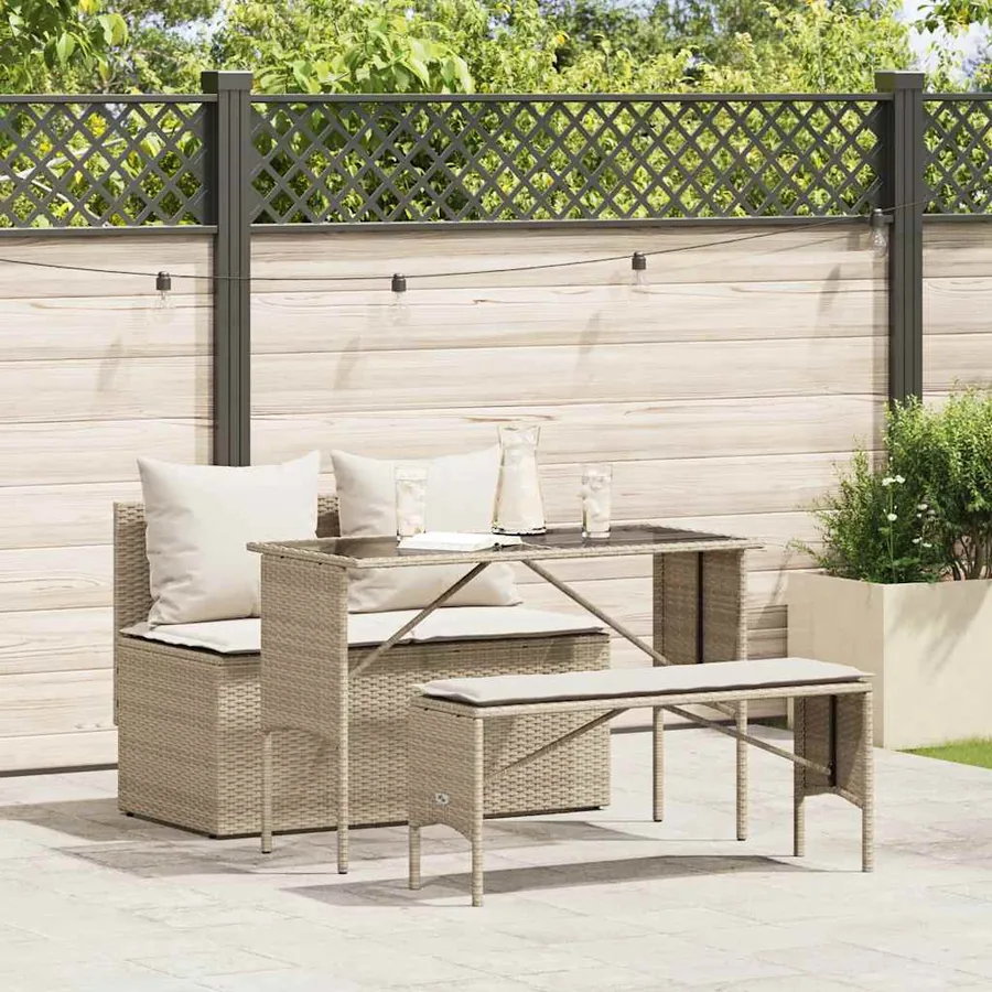Ensemble à manger de jardin et coussins 3 pcs Beige poly rotin